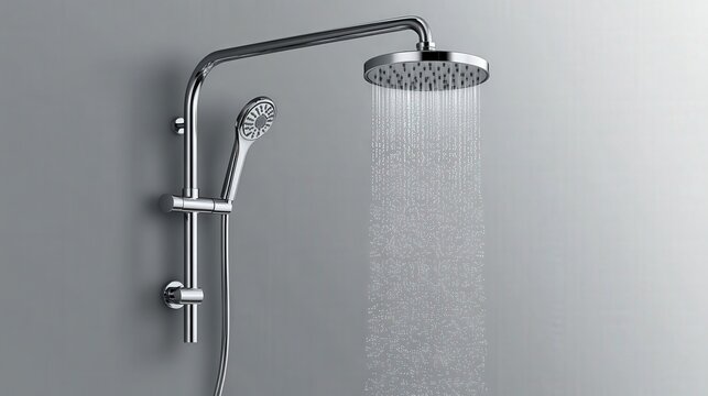 Metal shower head and tap with falling water isolated on transparent background. Vector realistic set of chrome sprinkler with hose and faucet with water spray. Equipment for douche and bath