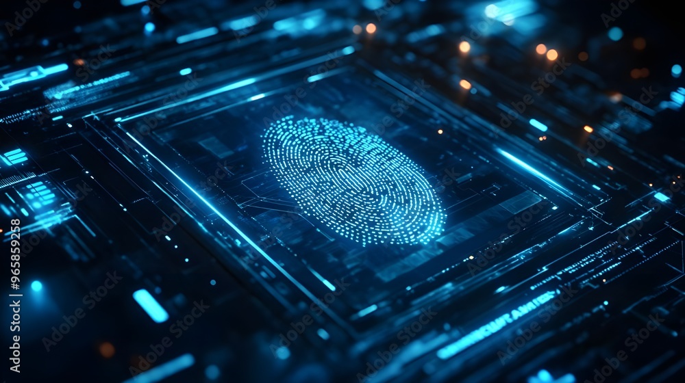 Poster a futuristic image showing a digital fingerprint scan on a transparent screen with a holographic int