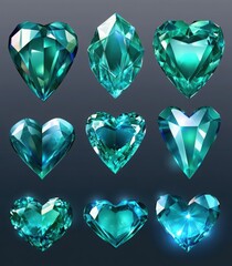 Fototapeta premium Precious emerald stones, shiny blue glass crystals isolated on transparent background. Vector realistic set of glow gemstone in shape of heart and crystal gems with magic light