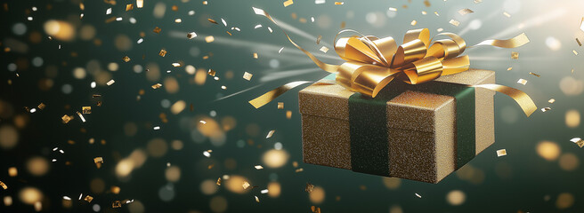 Gift boxes on dark green background. Gold gift boxes with gold ribbon, banner. AI generation.