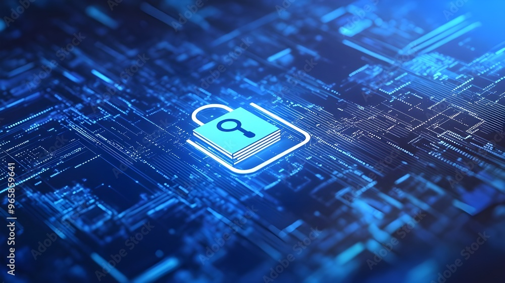 Poster a digital representation of a file icon with a padlock symbol over it, displayed on a virtual deskto