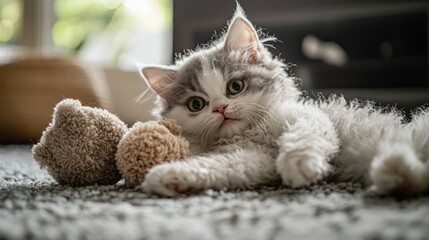 A playful kitten lies on a soft carpet, surrounded by fuzzy toys.