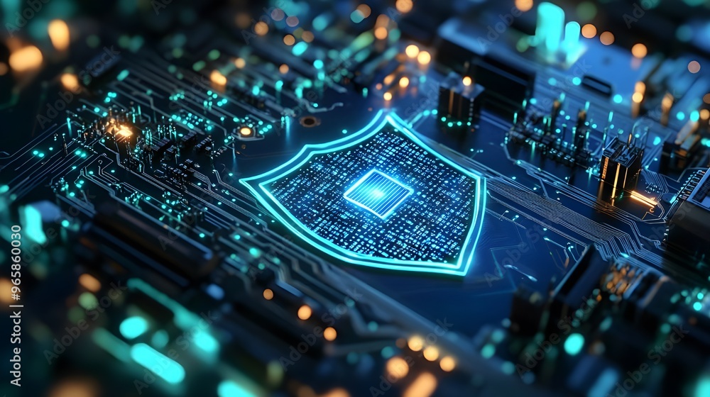 Poster a close-up image of a circuit board with a glowing shield icon superimposed over it, symbolizing pro