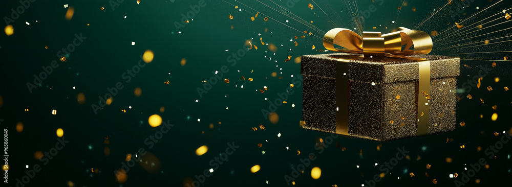 Poster gift boxes on dark green background. gold gift boxes with gold ribbon, banner. ai generation.