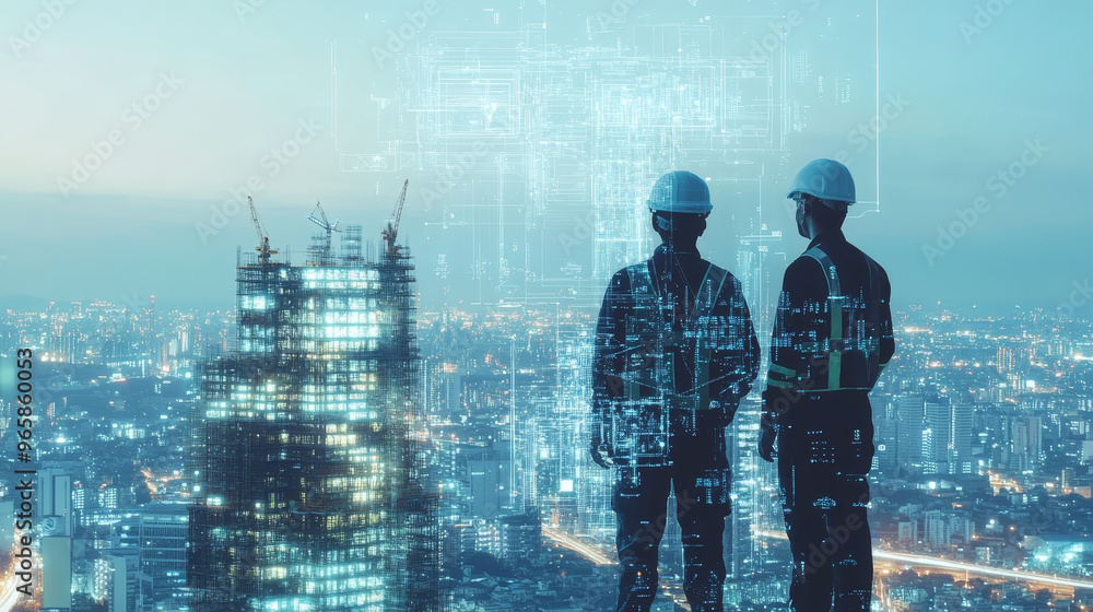 Poster high tech construction workers using ai technology to enhance urban development. skyline reflects in