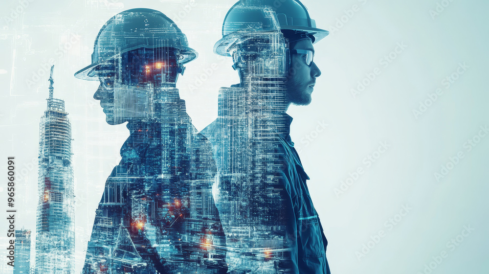 Poster this image showcases double exposure of two construction workers, symbolizing future engineering pro