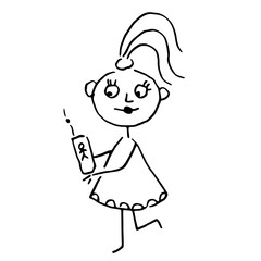 Hand drawing happy cute baby girl with phone. Girl with a ponytail talking on the phone. Imitation childish drawing. Vector isolated illustration.