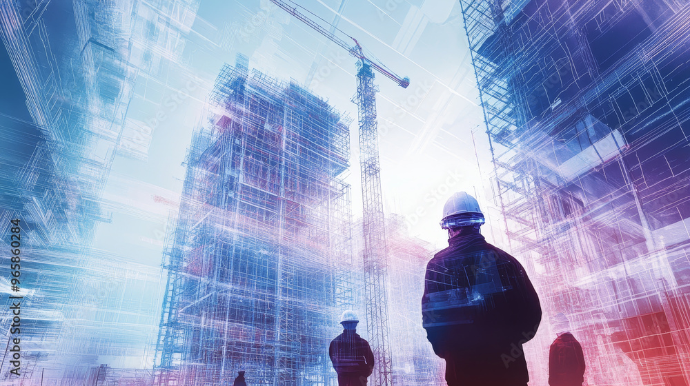 Poster futuristic mega structure construction site with workers observing progress. scene captures essence 