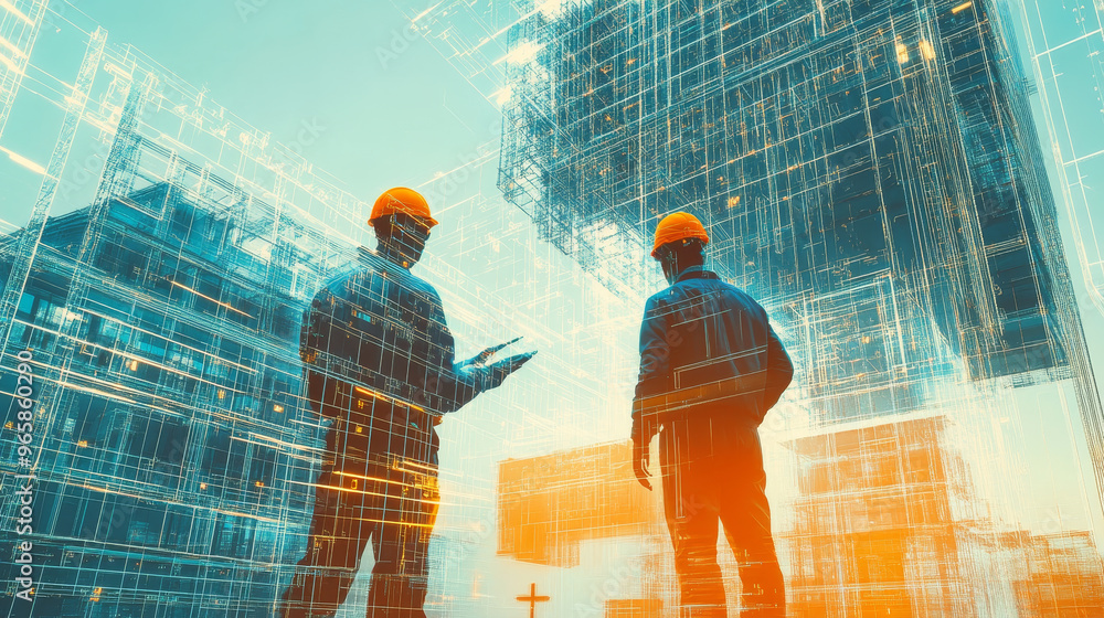 Poster futuristic mega structure construction site with workers observing plans. scene captures blend of te