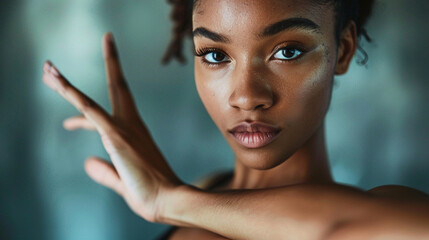 Medium close-up of a ballerina gracefully extending her arm, with her fingertips delicately poised and a serene expression.