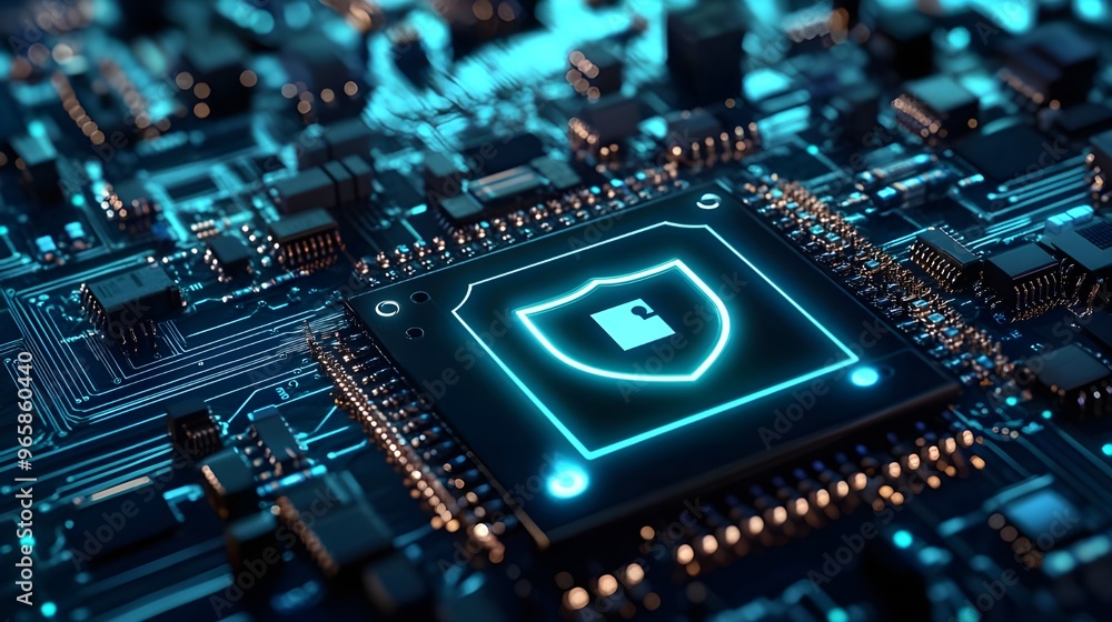 Poster A close-up image of a circuit board with a glowing shield icon superimposed over it, symbolizing protection at the hardware level.
