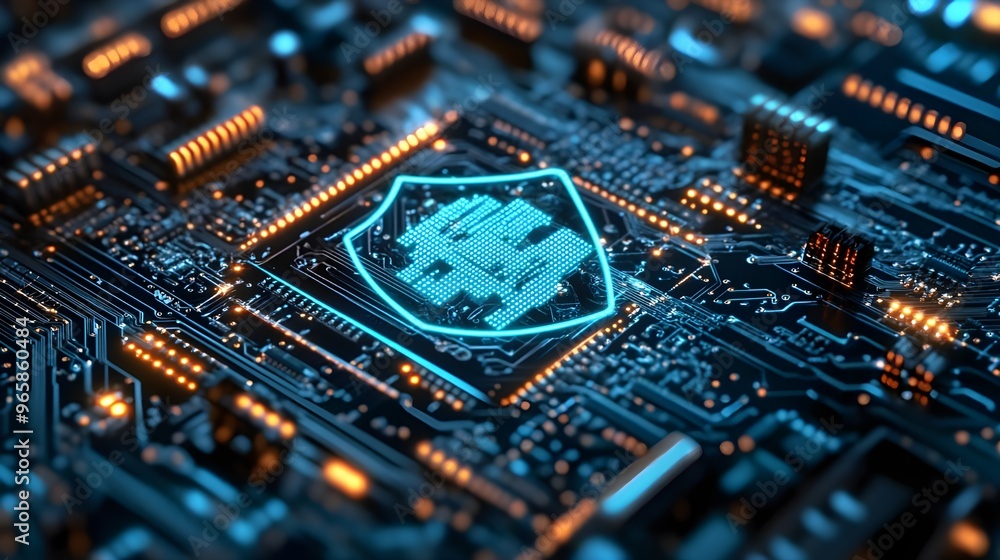 Poster A close-up image of a circuit board with a glowing shield icon superimposed over it, symbolizing protection at the hardware level.