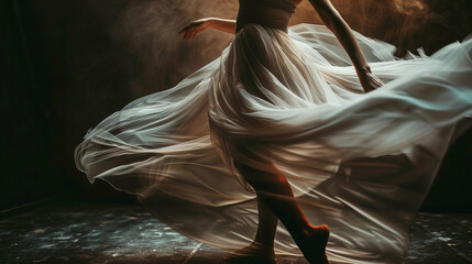 Medium close-up of a dancer mid-pirouette, her dress flowing around her in a soft swirl, capturing the moment of graceful movement.
