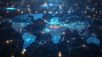 Glowing digital world map with data flow connections