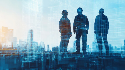 Futuristic construction workers stand silhouetted against digital cityscape, embodying innovation and progress in construction industry. Their presence highlights blend of technology and labor