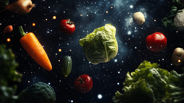 A surreal composition of vegetables floating in space, with each vegetable glowing softly against a backdrop of stars