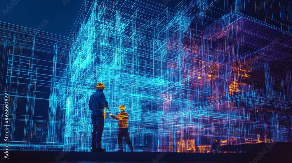 Poster Double exposure of workers interacting with holographic representation of building structure, showcasing modern technology in construction. scene conveys innovation and collaboration in industry