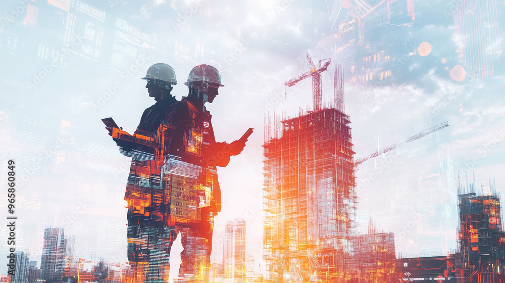 Poster Futuristic city construction with workers using technology, showcasing innovation and progress in urban development. scene reflects blend of modern architecture and digital elements