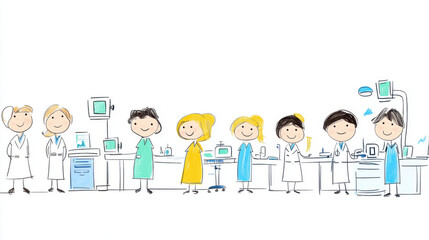 Obraz premium Illustration of cartoon scientists in a laboratory setting, smiling and working together with various equipment and tools.