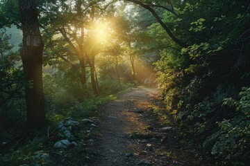 Obraz premium Sunlit Forest Path - Serene Morning Walk, Nature, Peaceful, Woodland Trail, Sunlight through Trees