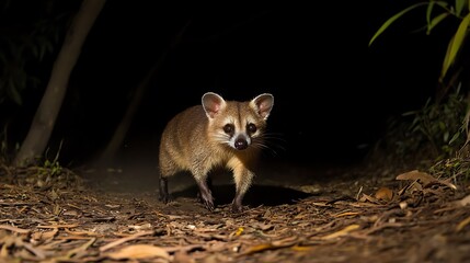 A small, brown, furry creature walks towards the camera on a dirt path covered with dry leaves. The background is dark and blurred, suggesting the image was taken at night.