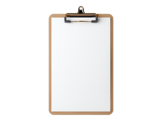Empty white paper on clipboard. Isolated PNG