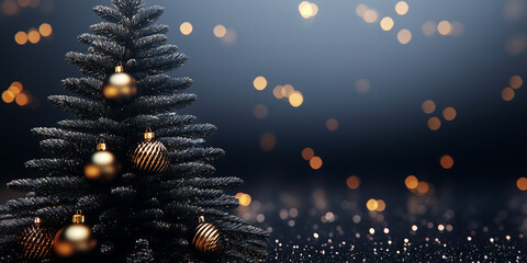 Obraz premium Christmas tree shining on festive black background, ornamental gold glitter festive lights