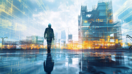 Futuristic construction site with advanced nanotechnology elements, showcasing worker in hard hat walking through vibrant, digitally enhanced environment