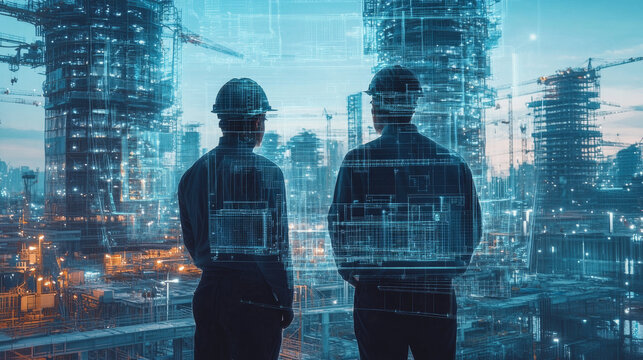 Engineers constructing futuristic arcology, observing high tech cityscape. scene captures innovation and progress in urban development, showcasing advanced architecture and construction techniques