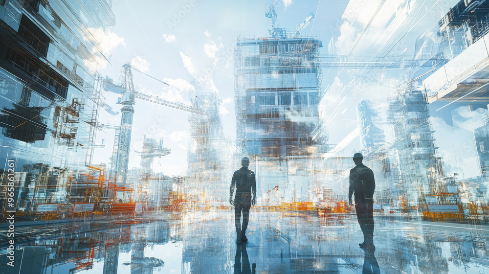 Poster image depicts engineers in high tech construction zone, surrounded by modern architecture and cranes
