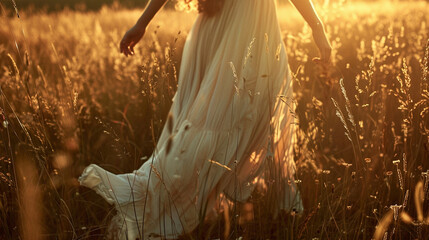 Medium close-up of a woman walking through a meadow, her dress flowing gently in the breeze, exuding natural grace.