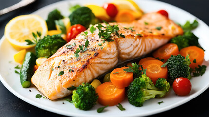 A plate of grilled salmon fillet garnished with fresh herbs, served with steamed vegetables including broccoli, carrots, cherry tomatoes, yellow bell peppers, and zucchini slices with a lemon wedge.