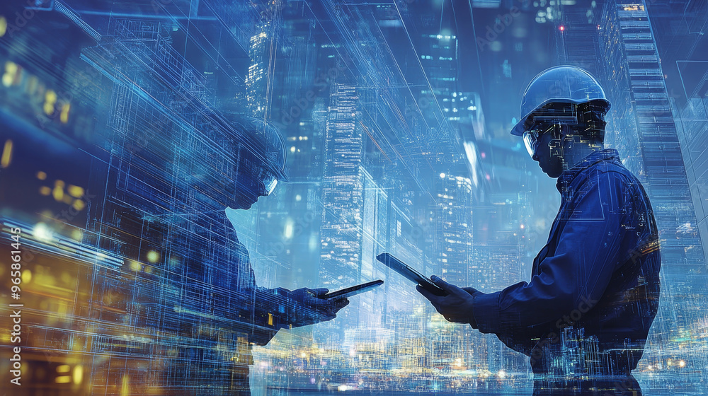 Poster engineers using augmented reality tools in futuristic cityscape, showcasing advanced technology and 