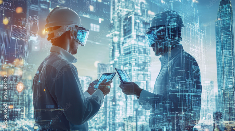 Poster engineers using augmented reality tools in futuristic cityscape, showcasing advanced technology and 