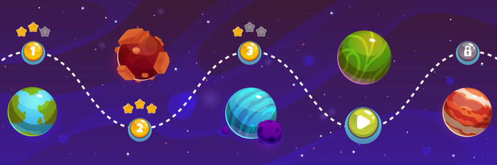Fototapeta premium Explore vector fantastic planets on this game map with level walkthroughs and star achievements.