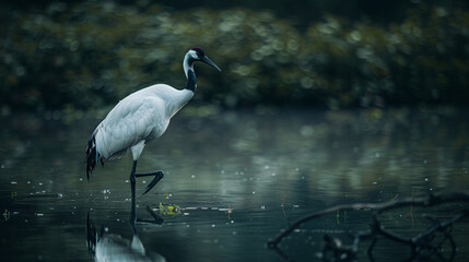 Naklejka premium Medium close-up of a crane standing elegantly on one leg by the waterâs edge, its reflection shimmering softly.