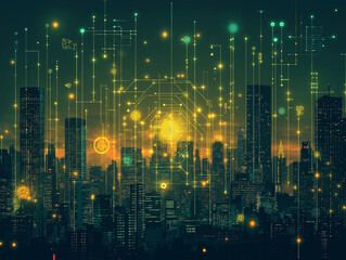 Obraz premium A cityscape with many lights and lines that are connected to each other