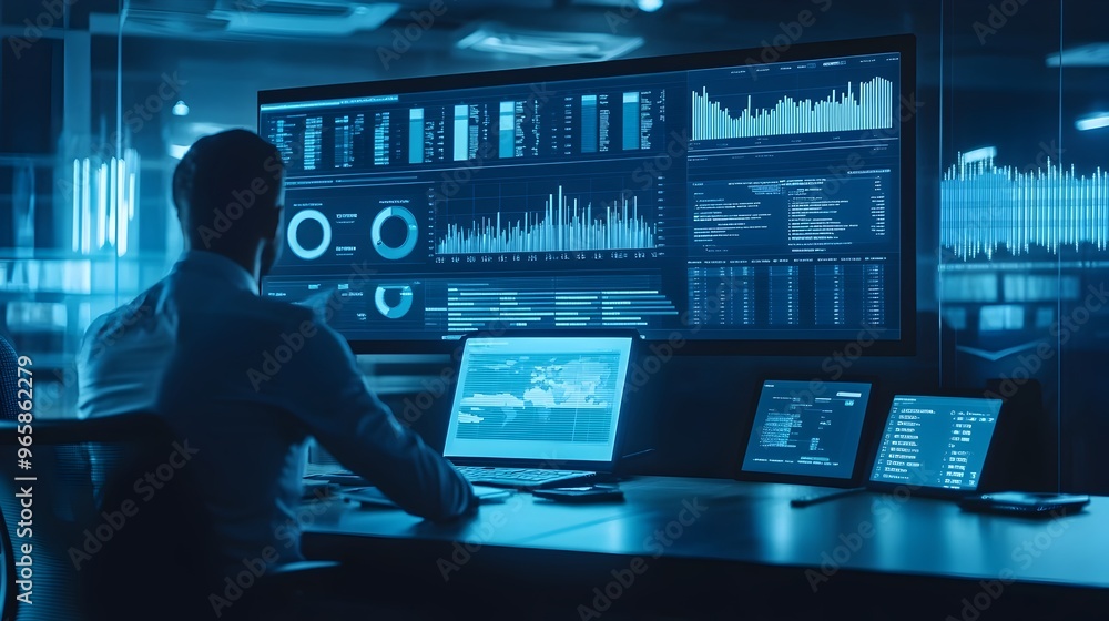 Wall mural data analytics dashboard with performance graphs and charts displayed on multiple screens in a moder
