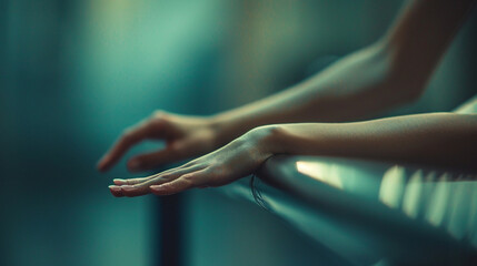 Medium close-up of a ballet dancerâs hands softly resting on a barre, fingers extended in a graceful line, ready for movement.