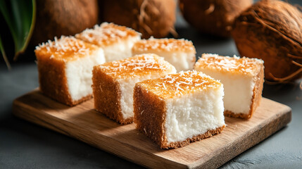Pieces of coconut-flavored cake with shredded coconut on top, displayed on a wooden cutting board. Whole coconuts in the background add to the tropical dessert theme.