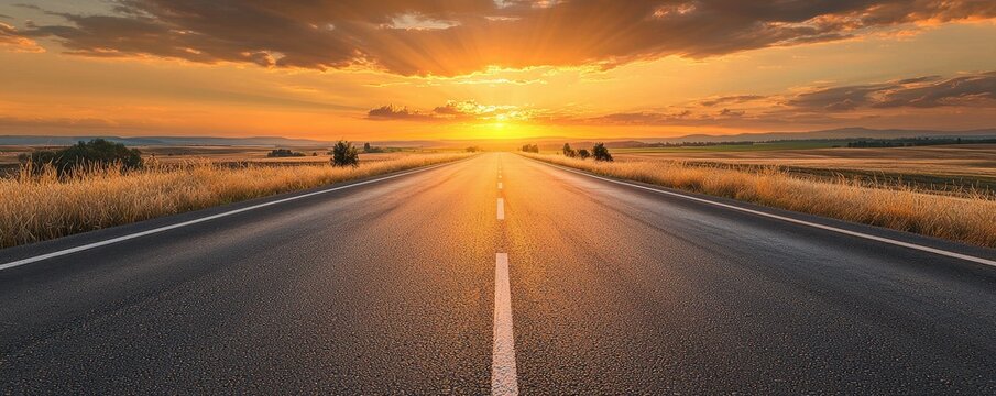 Asphalt road bathed in warm sunset light, capturing the perseverance in business progress, journey