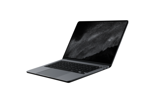 a modern laptop mockup floating against a black background, isolated. This sleek and minimalist design is ideal for showcasing technology.