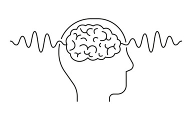 Human brain scan with line wave. Profile head. Pulse wave in study neurology. Brain scan captures neurology insights with wave of impulse, reflecting mind and health status. Vector illustration