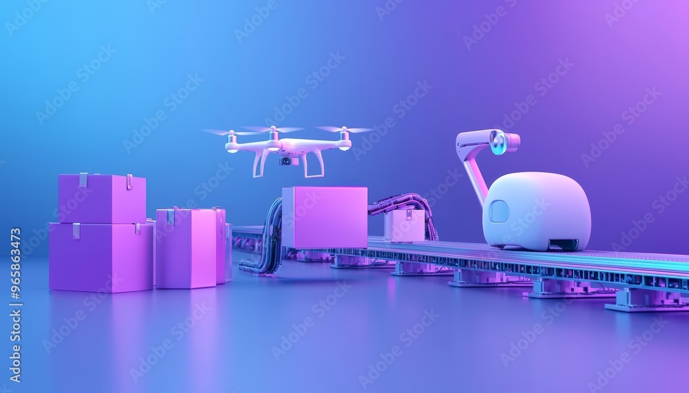 Poster a fully automated warehouse with conveyor belts, robots, and drones moving products efficiently