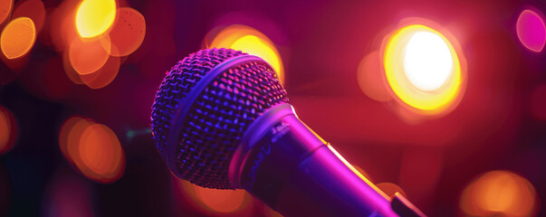 Close-Up of a Dynamic Microphone with Colorful Bokeh Background, Perfect for Music and Performance Themes