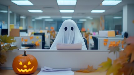 Ghost costumed employee working at their desk surrounded by Halloween in their office cubicle