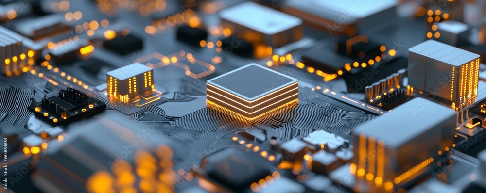 Poster a futuristic factory with 5g-enabled smart devices managing production in real time