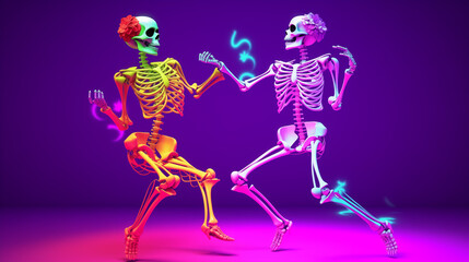 Colorful dancing skeletons with flowers in a vibrant background celebrating life and joy