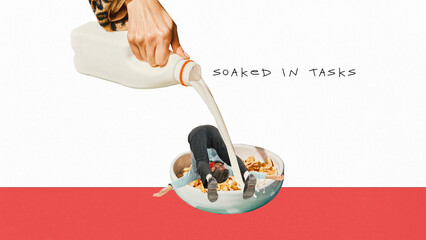 Poster. Contemporary art collage. Man submerged in cereal bowl, drowning under pour of milk. He utterly soaked in overwhelming cascade of tasks. Concept of business struggle, productivity strain.