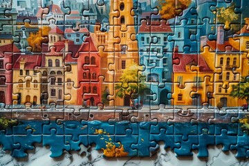 Fototapeta premium Overhead shot of puzzle on white surface, featuring pieces arranged to form vibrant cityscape under bright blue sky. Urban landscape concept